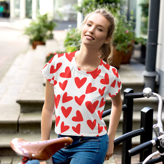 All-Over Red Heart Print Crop Tee